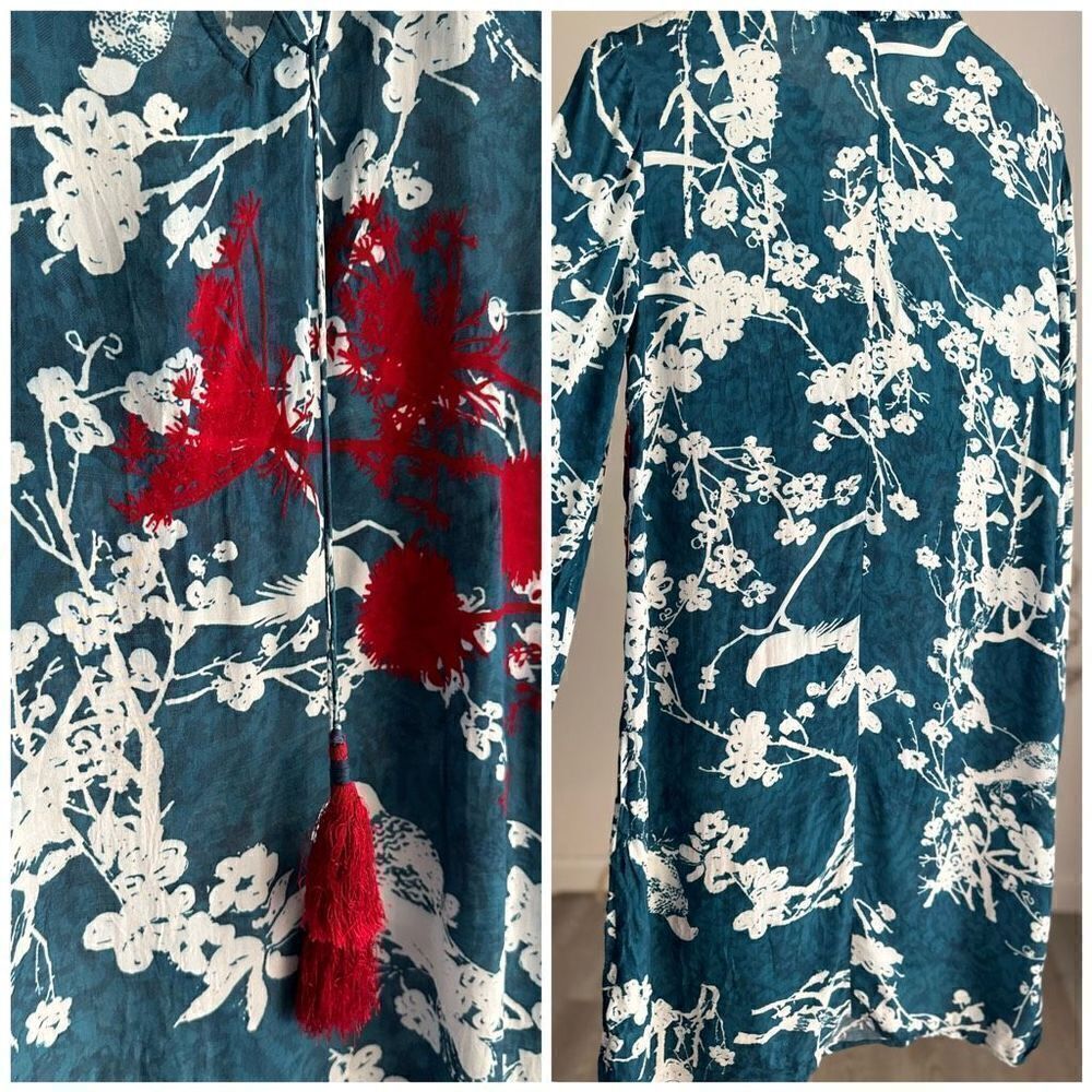Hemant & Nandita size 6 Floral Dress Teal Birds Print Tassels - Picture 2 of 6